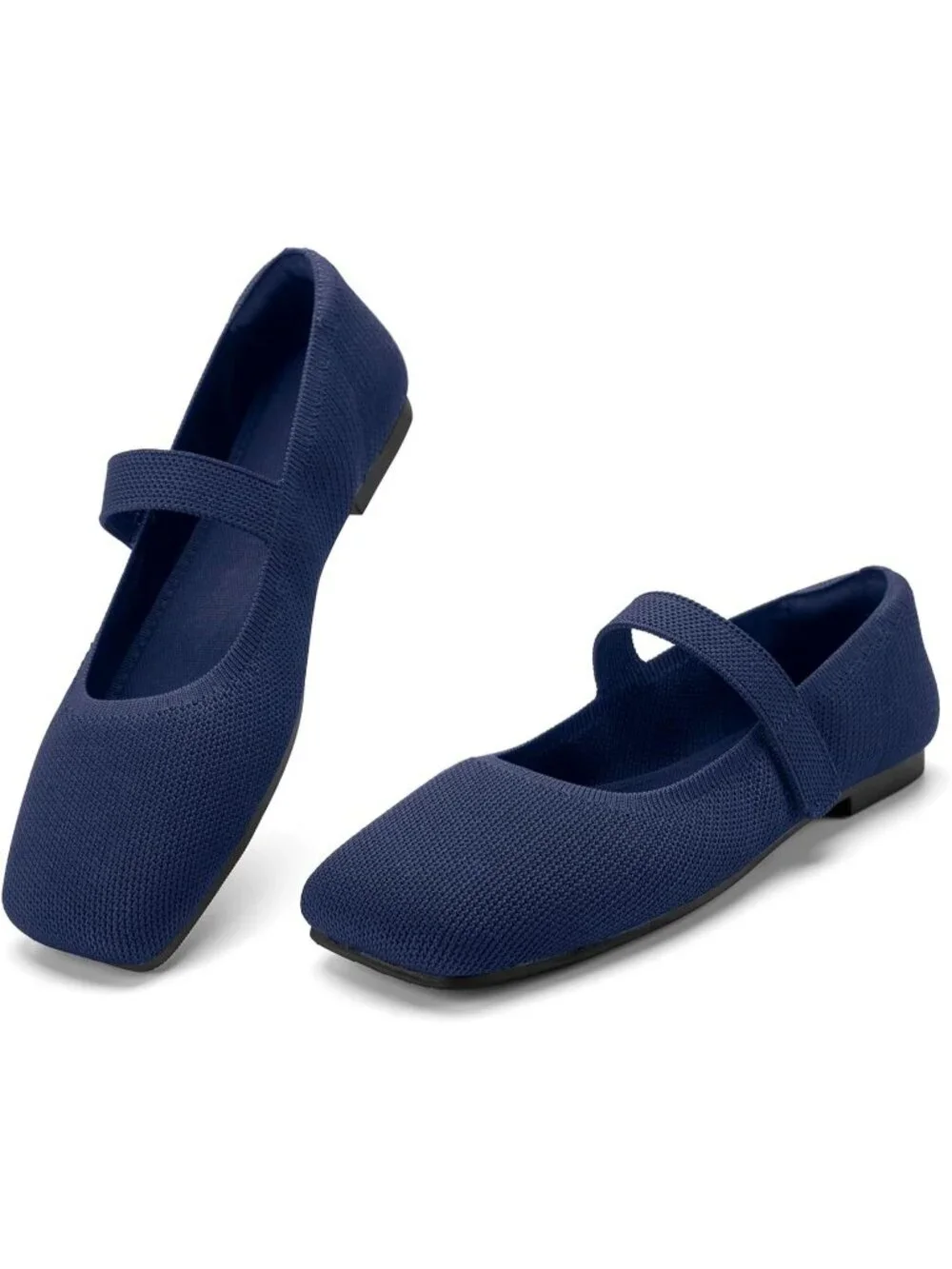 Women's Navy Rubber Knit Wide Toe Adjustable Straps Flat Slip On Comfort Shoes